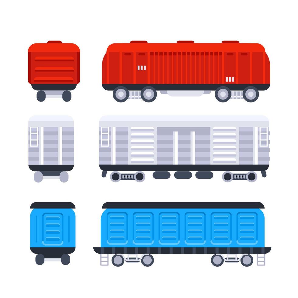 Different types of train cars, showing both front and side views, for transportation and logistics concepts vector