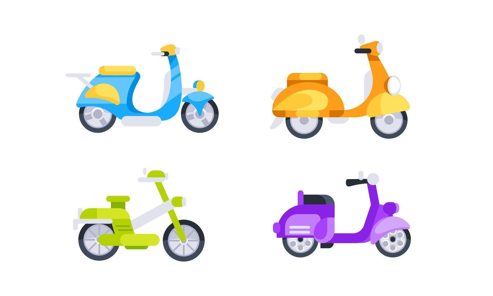 Set of four colorful scooters representing urban transportation and personal mobility in a modern and stylish way vector