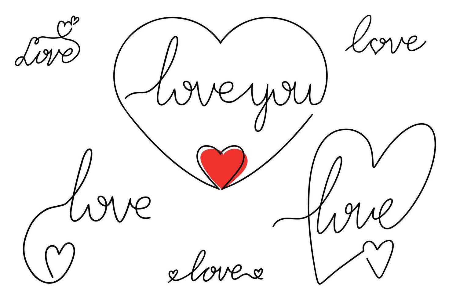 Set of love inscriptions. Continuous one line drawing of heart and love inscription. Valentine's Day concept. Trendy minimalist illustration. vector