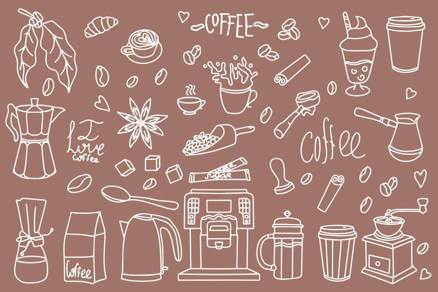 Set of hand drawn coffee designs drinks, snacks and coffee utensils in doodle style. outline of hand drawn vector