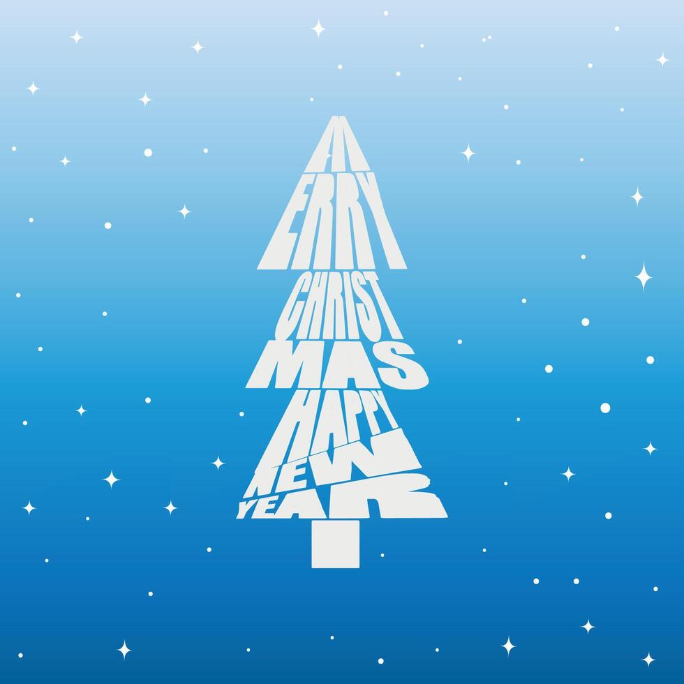 The inscription Merry Christmas and Happy New Year in the form of a Christmas tree. Christmas background with handwritten typography and snowflakes. . vector