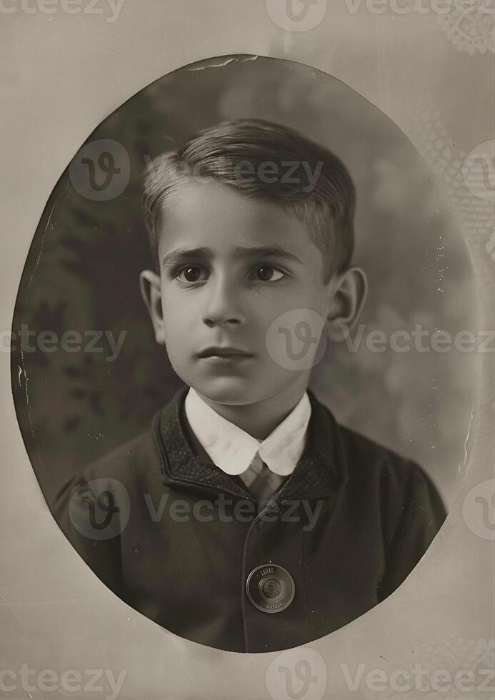 A vintage black and white portrait of a young boy with a serious expression, dressed in formal attire with a white collar and buttoned coat. The photograph has an antique, sepia-toned finish photo