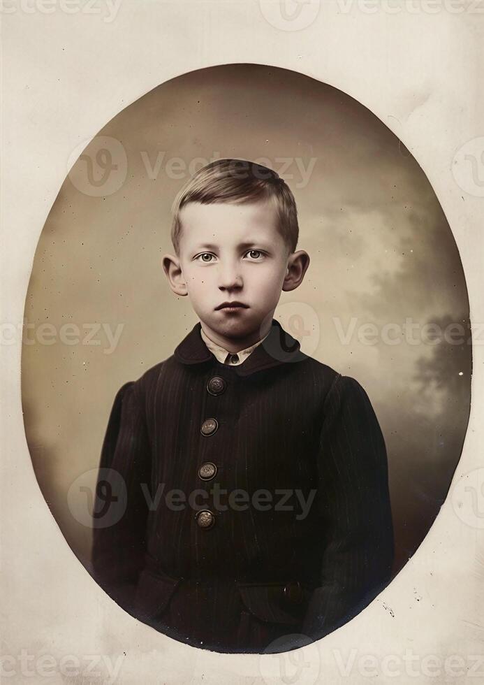 A vintage black and white portrait of a young boy with a serious expression, dressed in formal attire with a white collar and buttoned coat. The photograph has an antique, sepia-toned finish photo