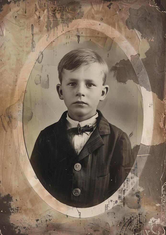 A vintage black and white portrait of a young boy with a serious expression, dressed in formal attire with a white collar and buttoned coat. The photograph has an antique, sepia-toned finish photo