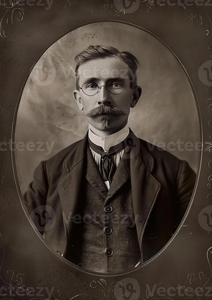 A sepia-toned vintage portrait of a man with a mustache, dressed in a formal suit and tie, captured in an oval frame photo