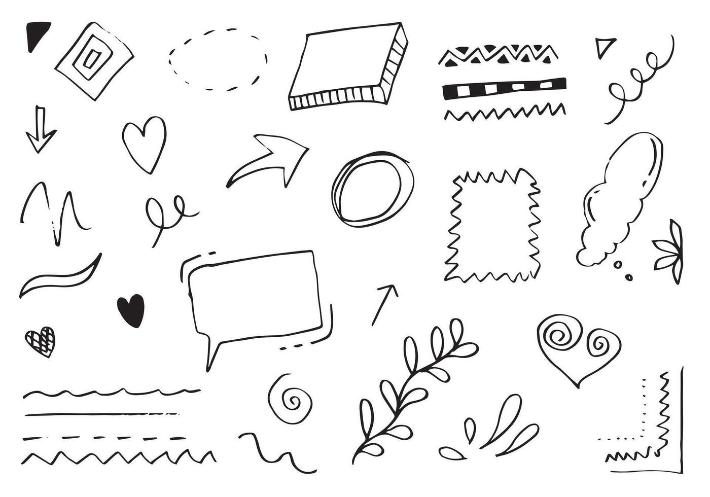 hand drawn set element,black on white background.heart,light,king,emphasis,swirl,flower,speech bubble,arrow,for concept design. vector