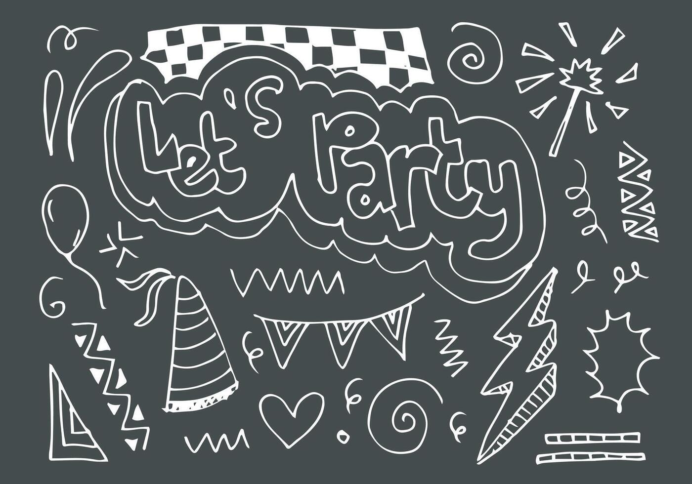 Let s party. Hand drawn cartoon illustration. Bright hand drawn lettering in circle for card, poster, banner. vector