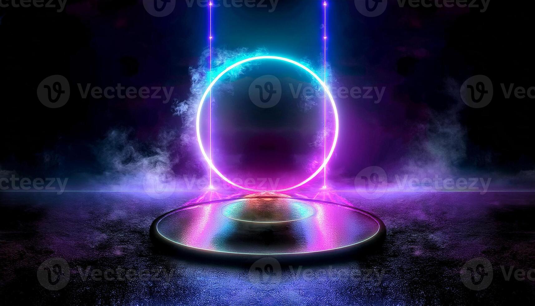 Rays of neon light in the dark, neon figures, smoke. Background of empty stage show. Abstract dark background. . photo