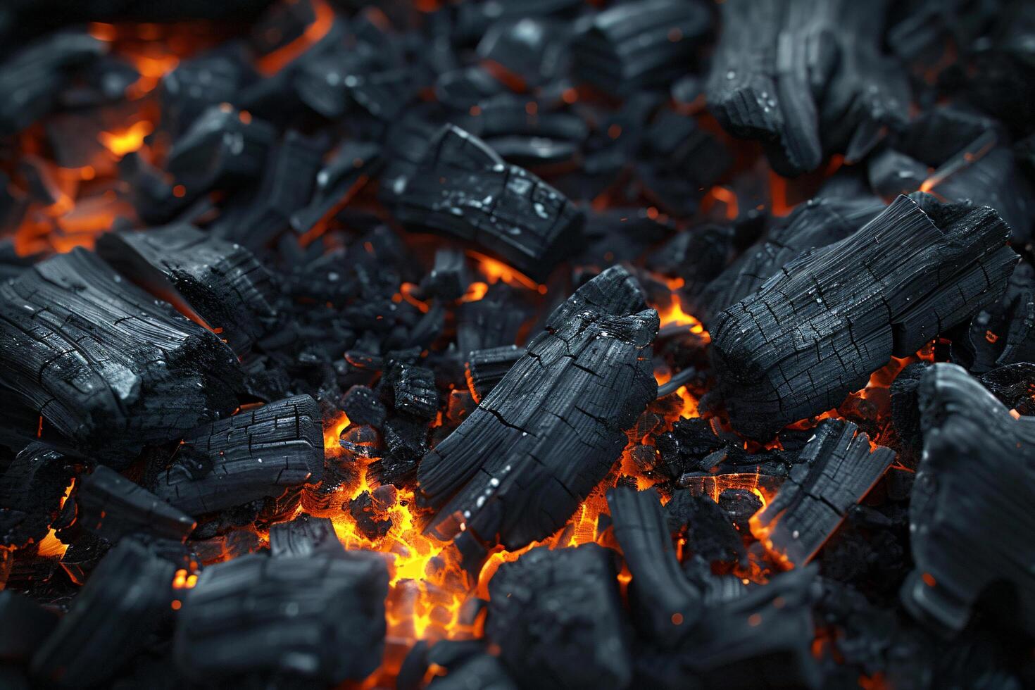 Closeup of charcoal burning with fire flames.Burning charcoal texture. . photo