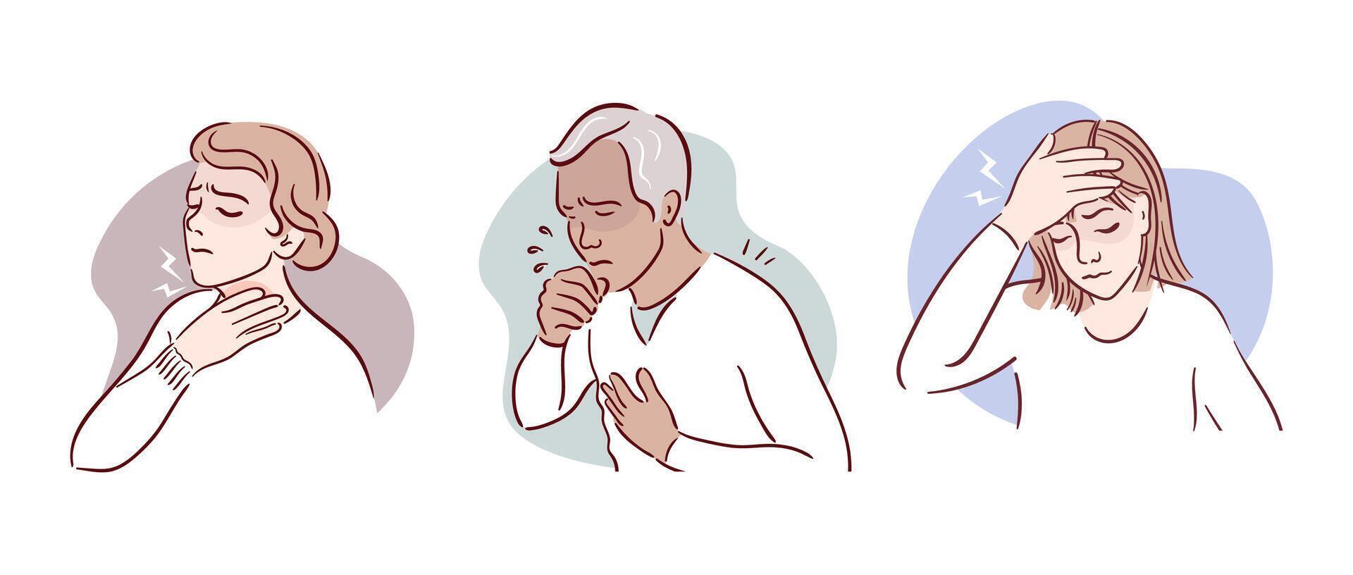 Cold symptoms. Cough, sore throat, headache, fever. Expressive depiction that convey themes of stress and discomfort through artful design. Hand drawn, sketch style. Health problems. vector