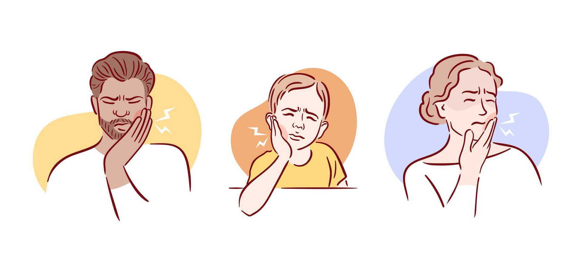 An engaging illustration that depicts various facial expressions of individuals who are experiencing dental discomfort. recognizing Expressions of Dental Pain in both Adults and Children vector