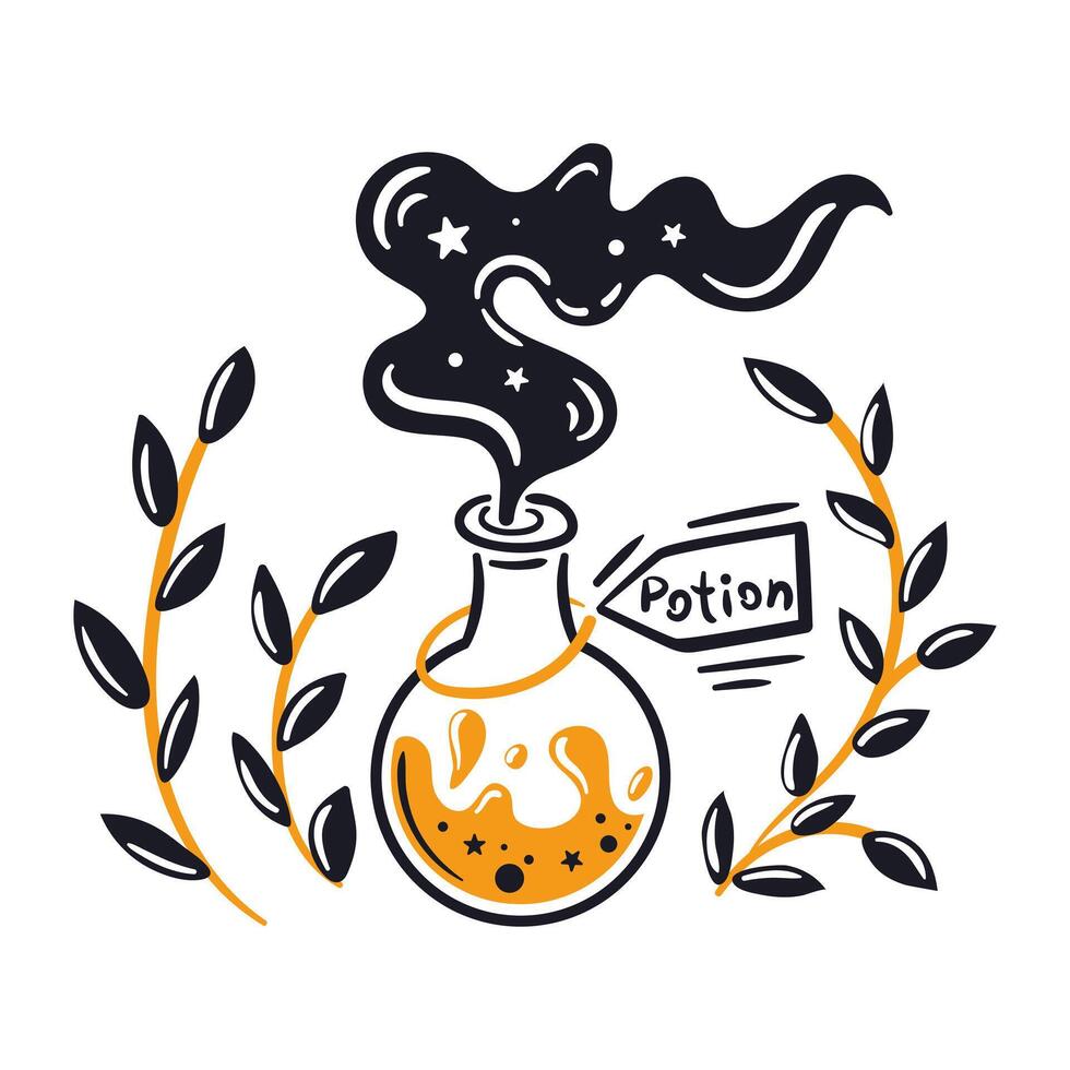 An Illustration of a Magical Potion Featuring a Beautiful Smoky Effect for Art Lovers. illustration for Halloween. Witchcraft, Autumn Leaves. Starry sky vector