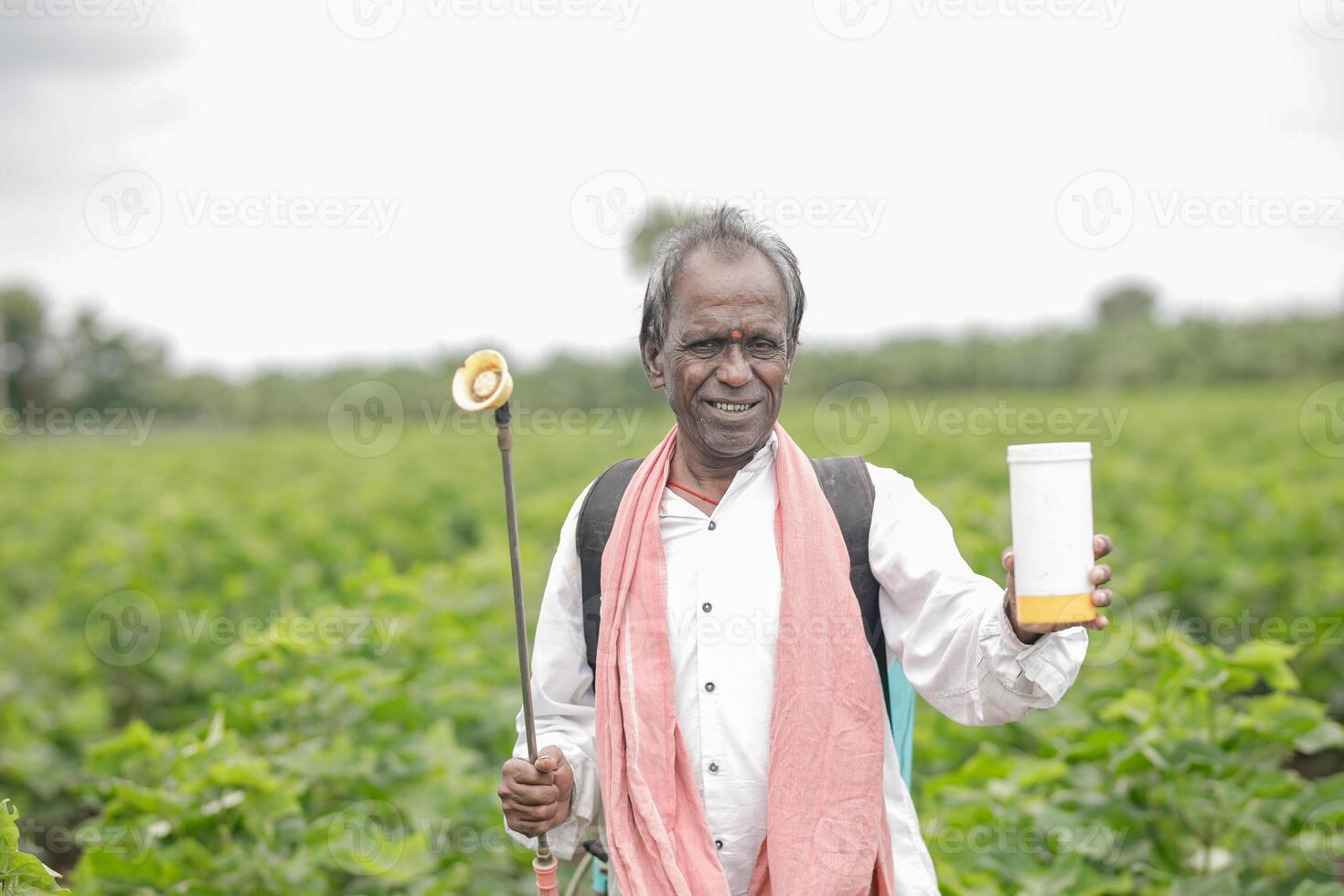 Indian farmer working on farm field, spraying fertilizer on soil and plants. photo