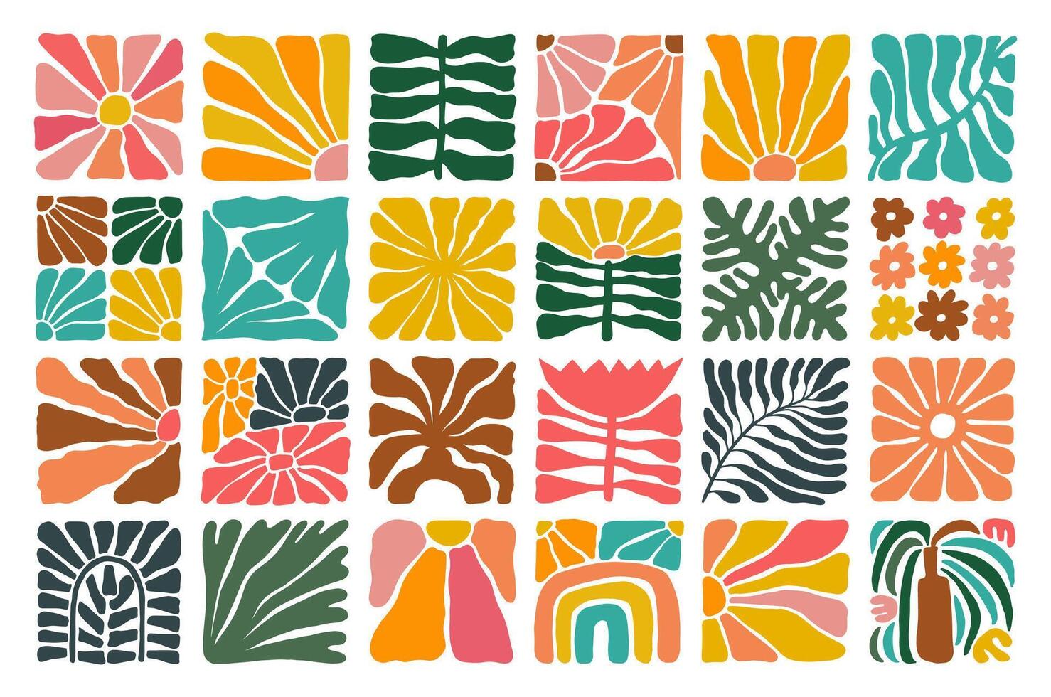 Abstract floral and botanical patterns in colorful squares, boho matisse illustration vector