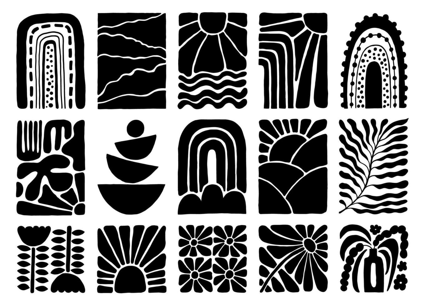 Abstract black and white doodle botanical and geometric designs, rainbow, sun vector