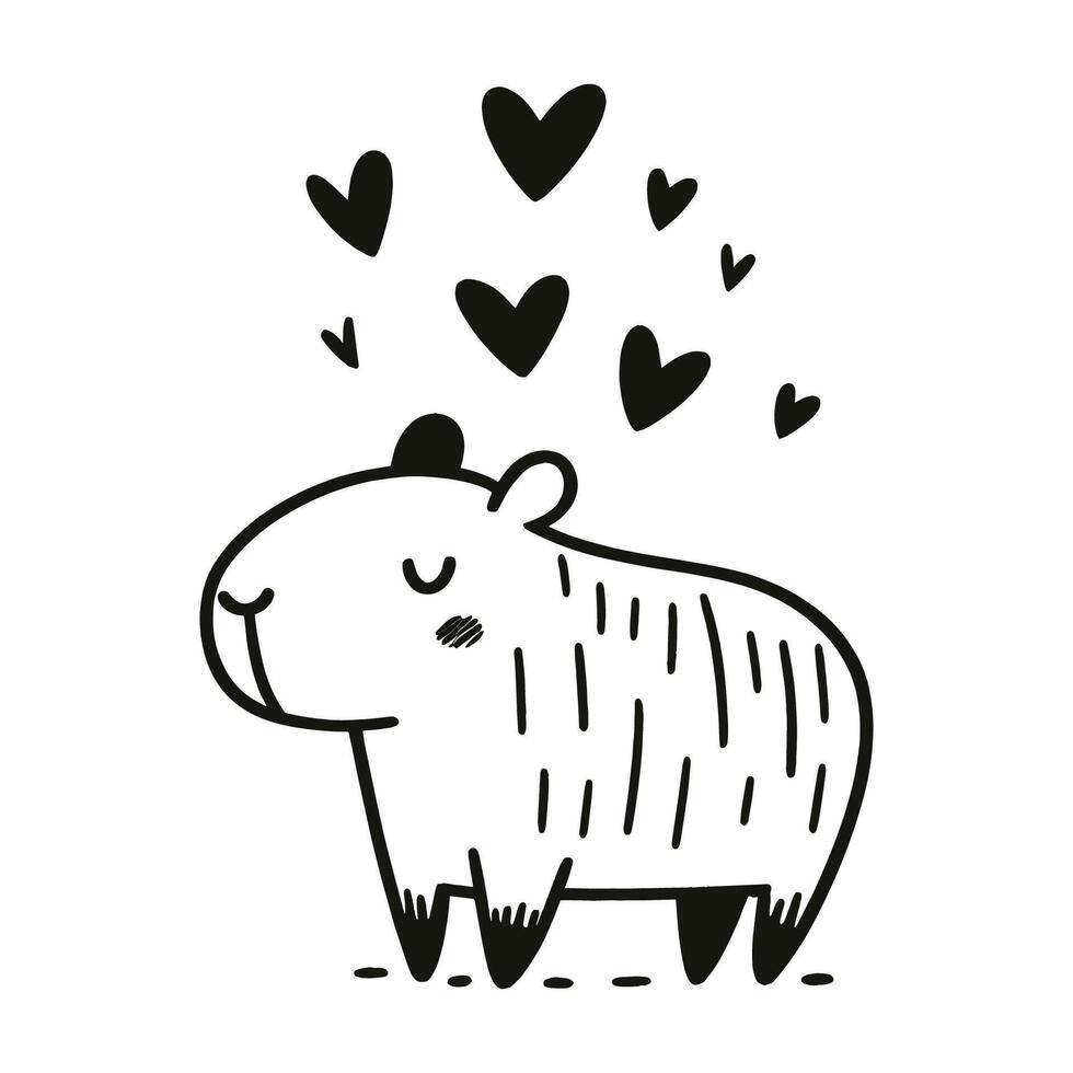 Cute capybara with hearts in black and white valentines coloring page illustration vector