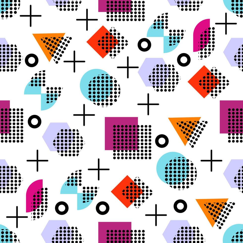 Memphis style with geometric pattern, illustration with geometric figures. Trendy seamless pattern. vector