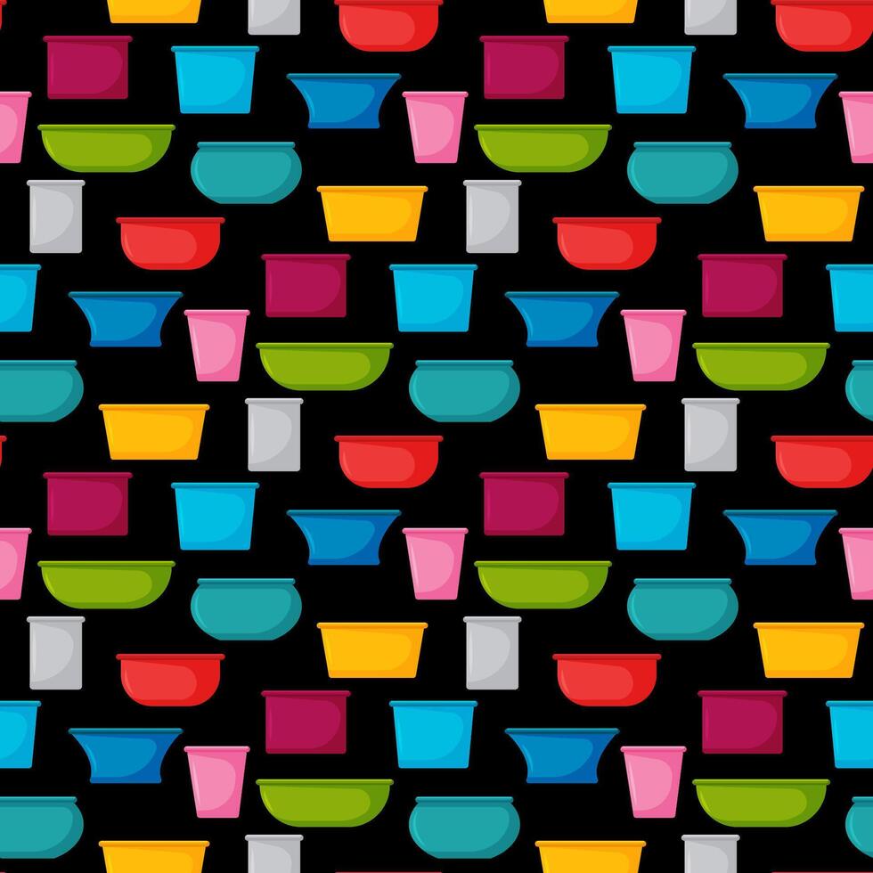 Seamless pattern. Collection of water containers. Water buckets and basins. plastic products mass market. Flat illustration on background. vector