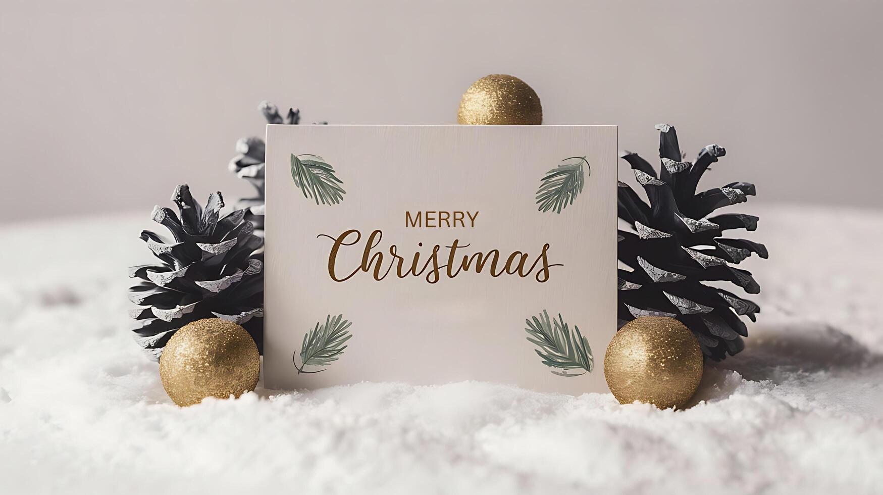 christmas blank greeting card mockup with small red and gray pine cones snowy simple template photo