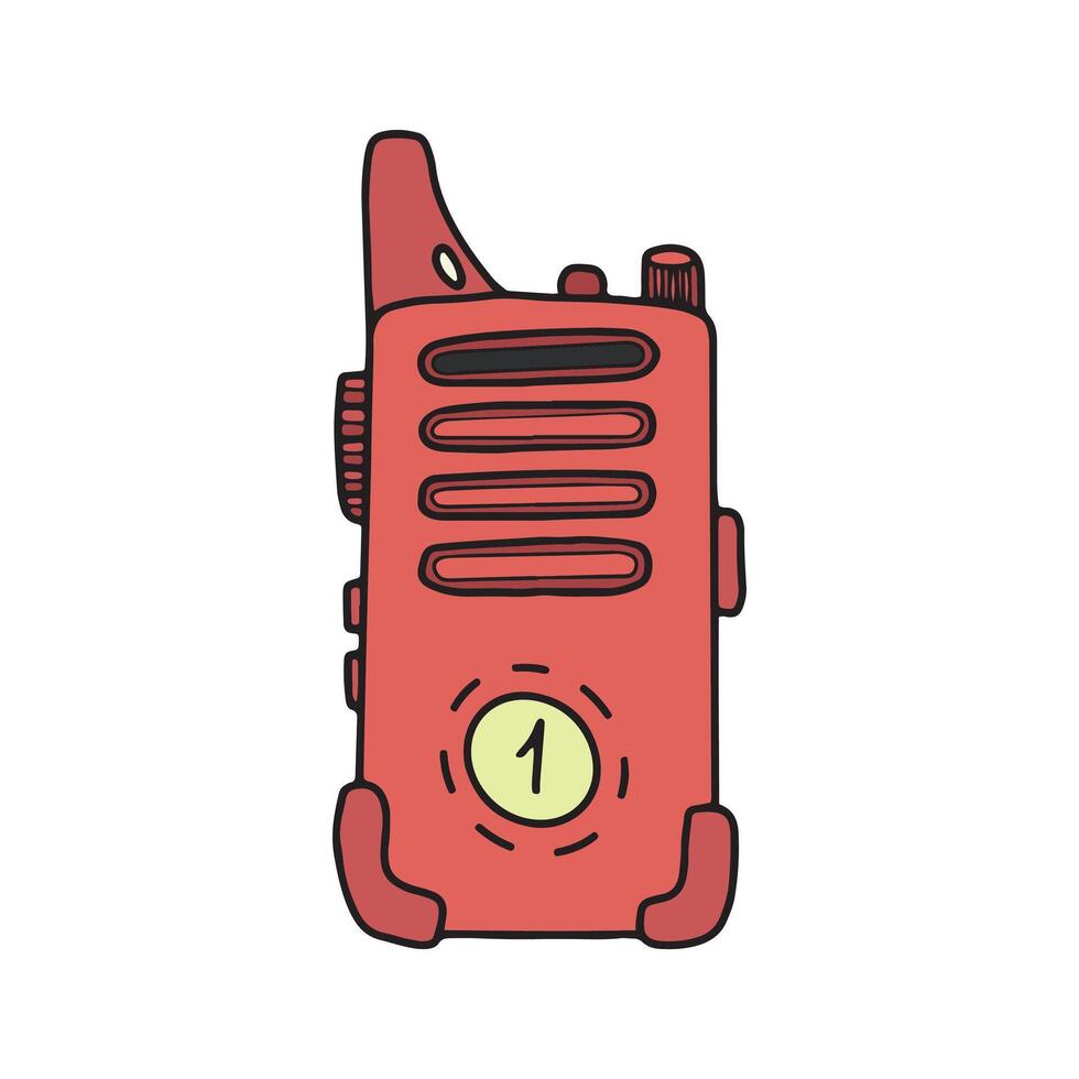 Illustration of a red portable handheld ham radio with a yellow button displaying the number one. The device features an antenna, speaker, volume control, and push-to-talk button communication vector