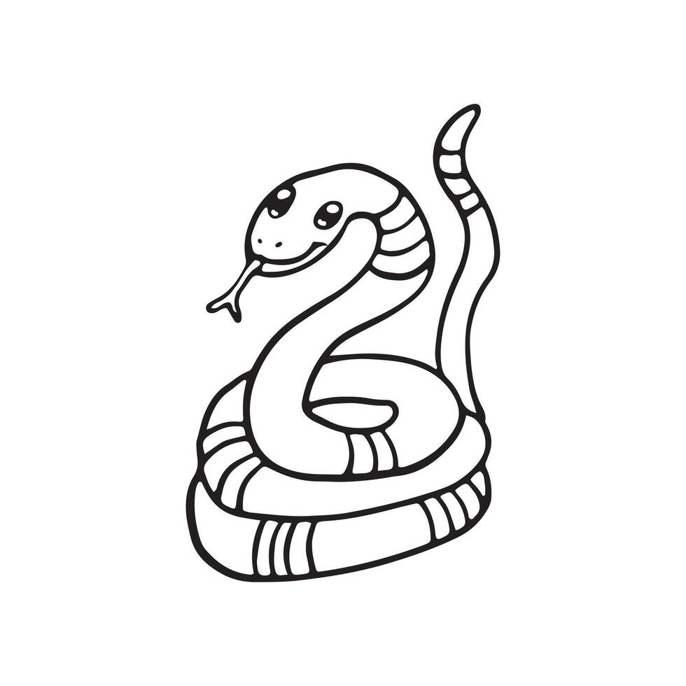 A black and white illustration of a happy snake coiled up with friendly expression. This image is ideal for educational content, children's books, or as coloring activity for kids learning reptiles vector