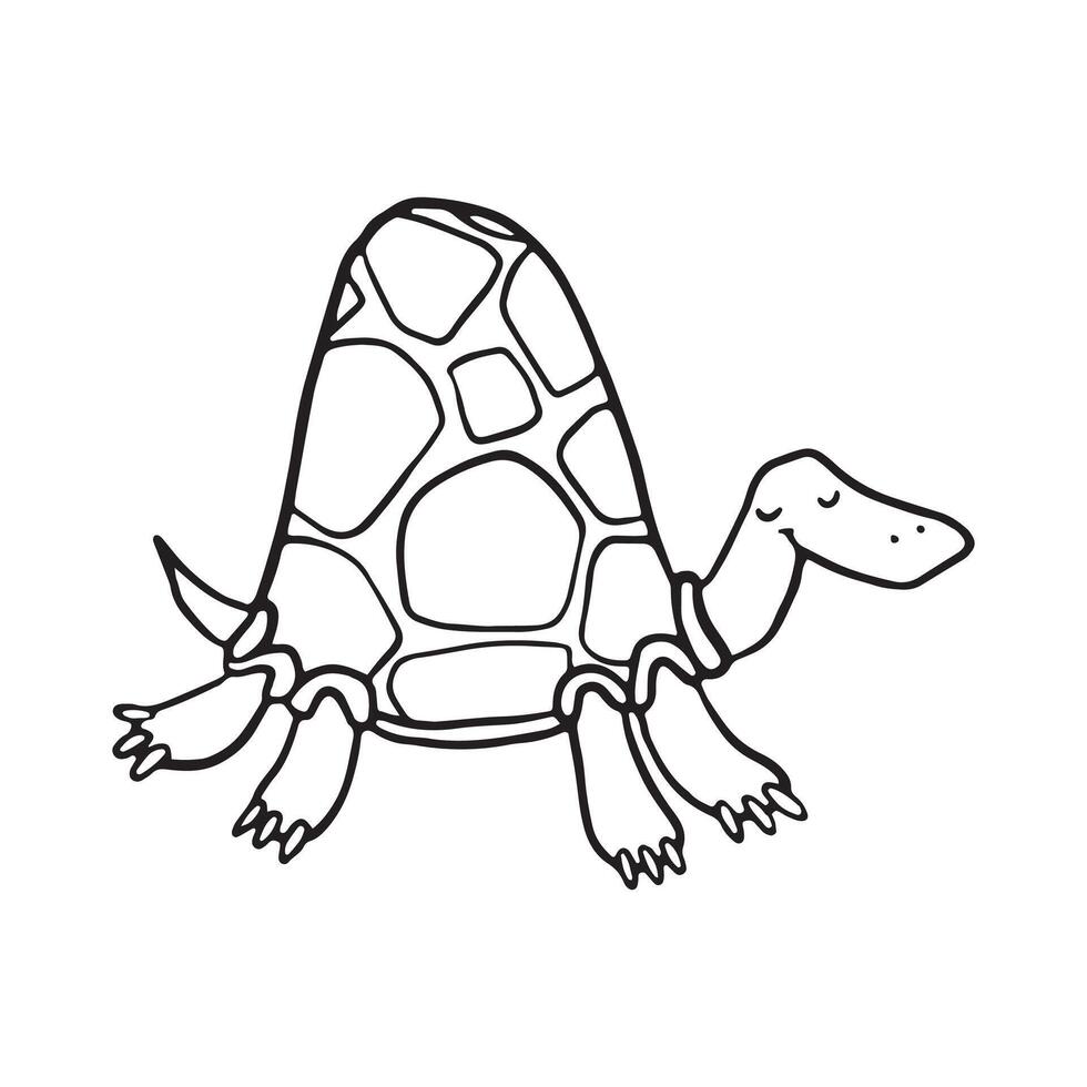 A delightful black and white illustration of a tortoise with a smiling face, walking slowly. Simple design is perfect for educational books, children's activities, or as a fun coloring page for kids vector