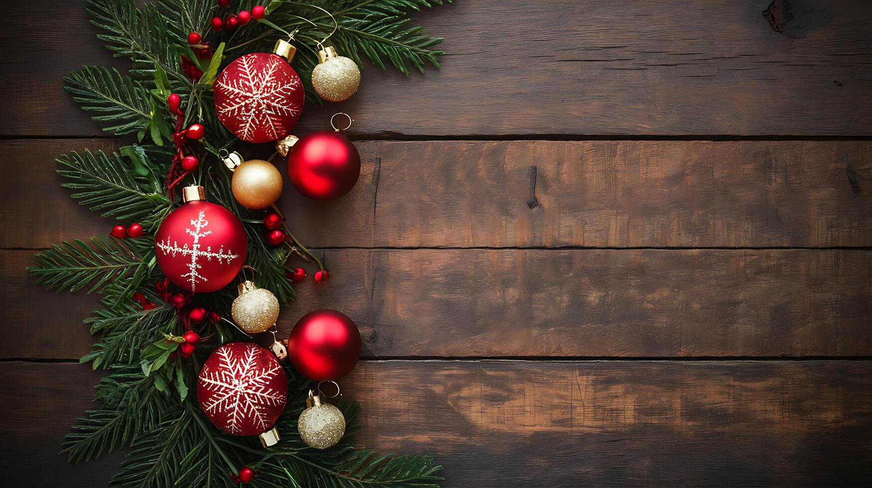 Merry christmas greeting card blank template on wood background decorated with red balls and x-mas tree photo