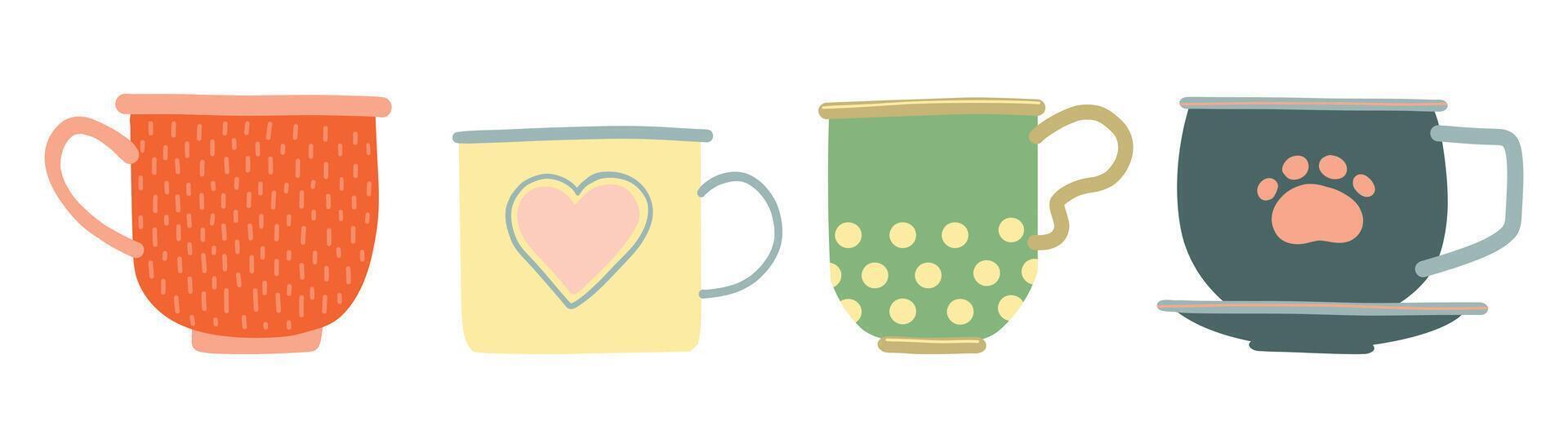 A charming set of four hand-drawn cups, each uniquely styled tall striped cup, green cup with a red flower, a pink floral cup with scalloped edges, and two-tone jug. Perfect for creative kitchenware vector