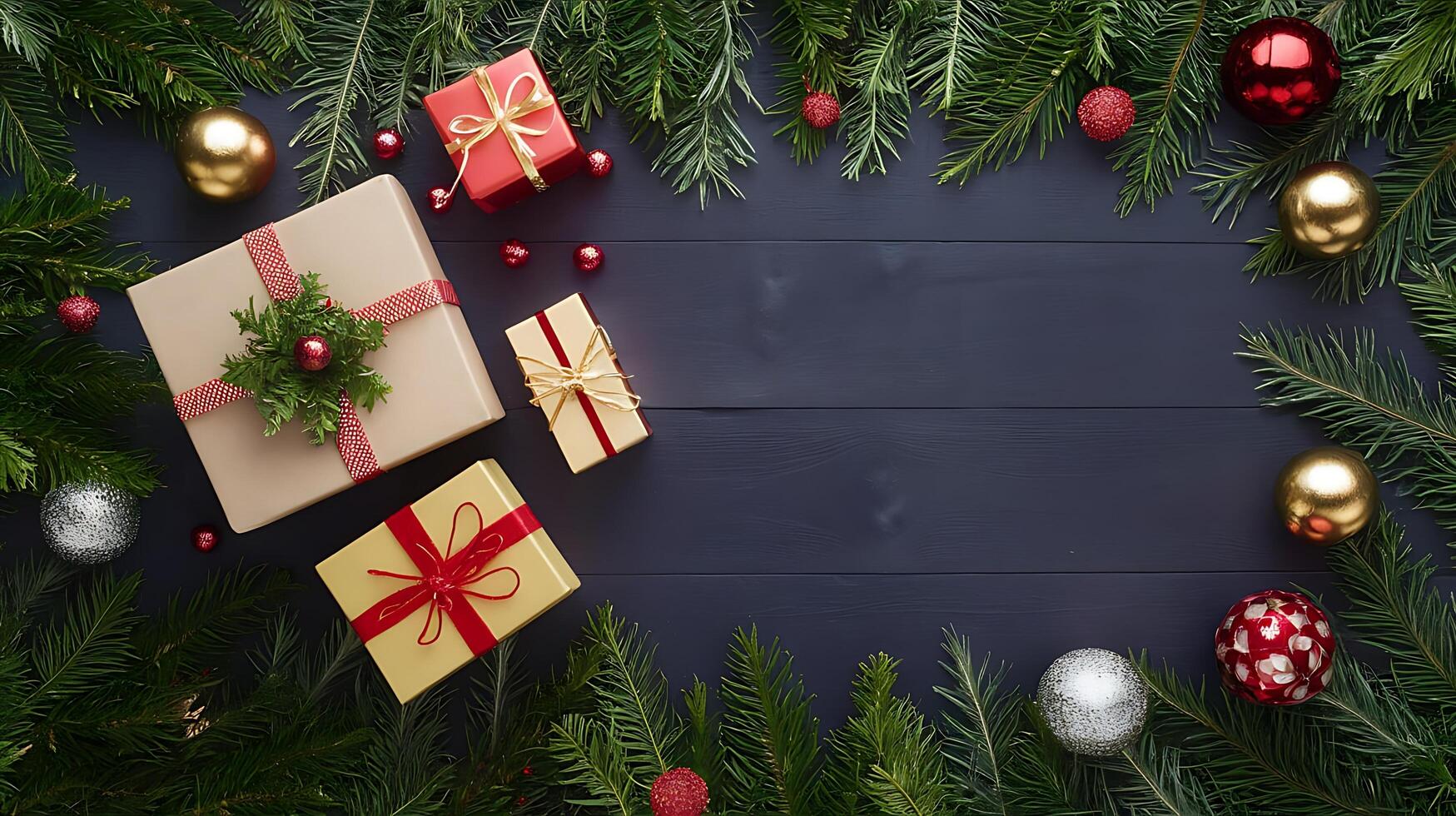 Merry christmas greeting card blank template on wood background decorated with red balls and x-mas tree photo