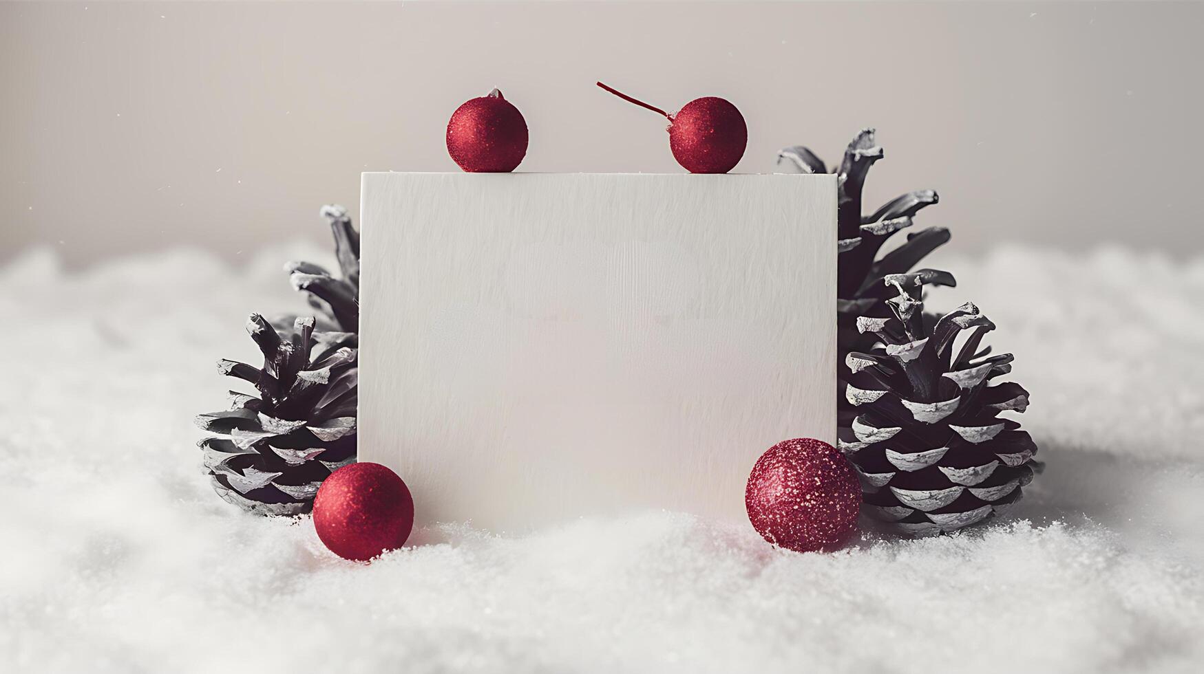 christmas blank greeting card mockup with small red and gray pine cones snowy simple background photo
