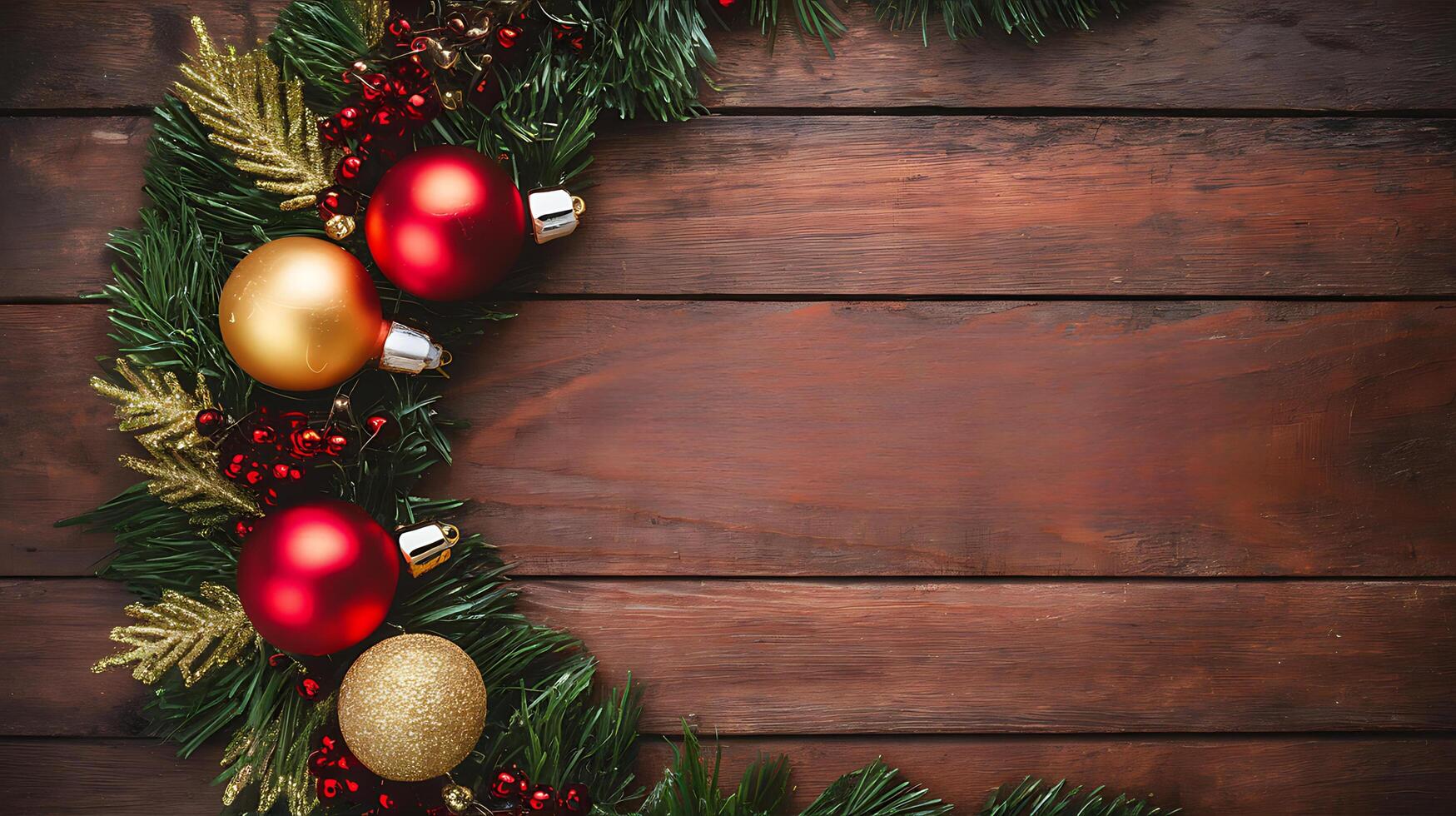 Merry christmas greeting card blank template on wood background decorated with red balls and x-mas tree photo