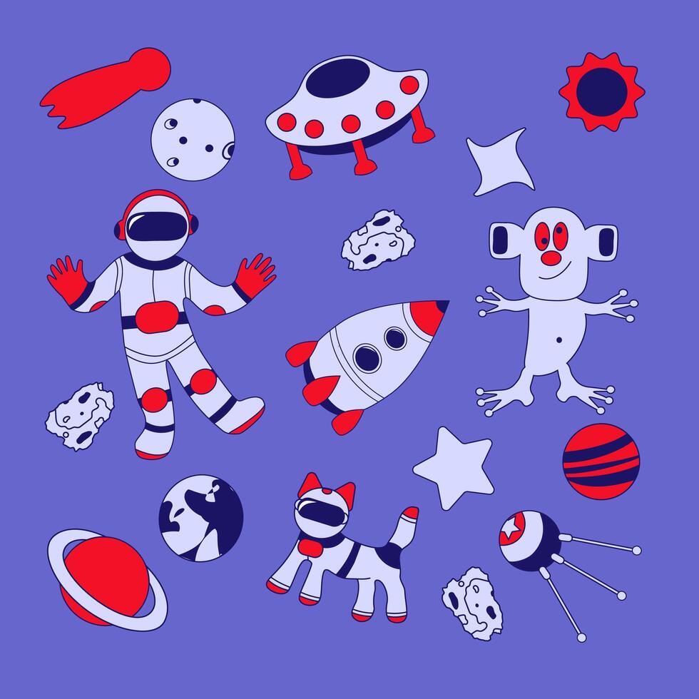 set of space explorers. UFO, spaceship, satellite and astronaut. Various cartoon star constellations and planets. vector