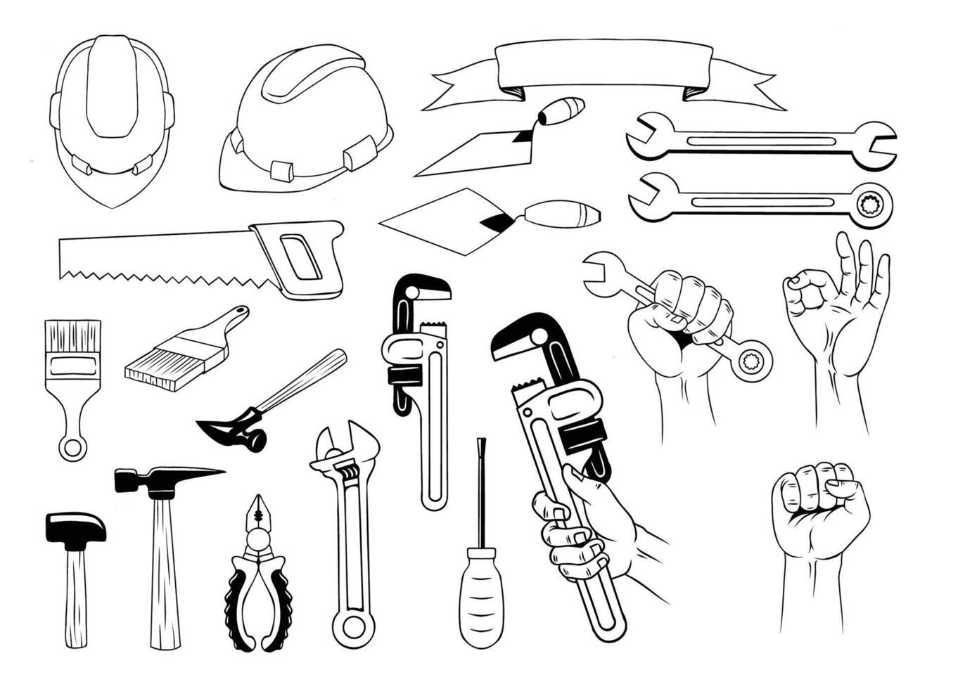 Building tools handdrawn Illustration black and white vector