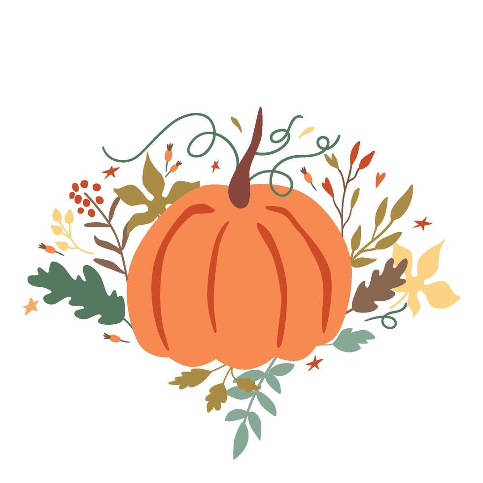 Floral pumpkin with autumn leaves, berries, fall branches. Cute fall or Thanksgiving day illustration. Hand drawn autumn decorative pumpkin isolated on white background. vector
