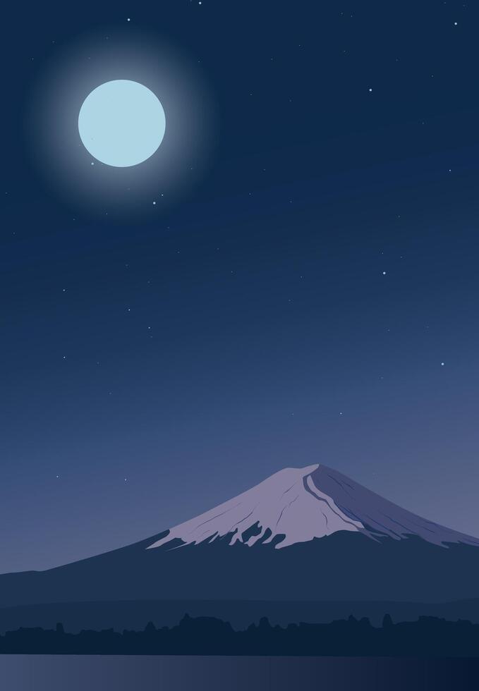 The moon rising over mount Fuji. Night view of a Japanese tourist attraction. Design for travel banners, travel, invitations. Landscape with a midnight starry sky. Realistic background. vector