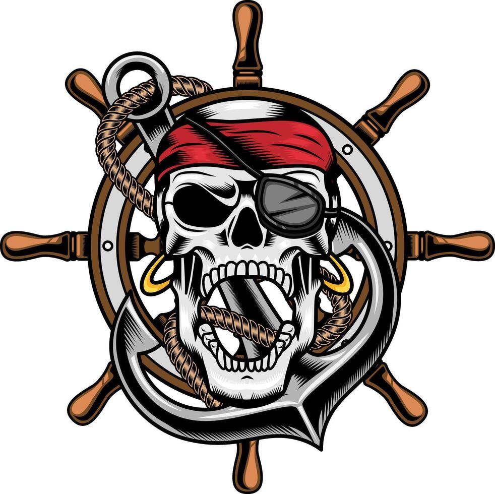 Pirate Skull Over Anchor In Ropes And Ship Rudder Graphic Logo Design vector