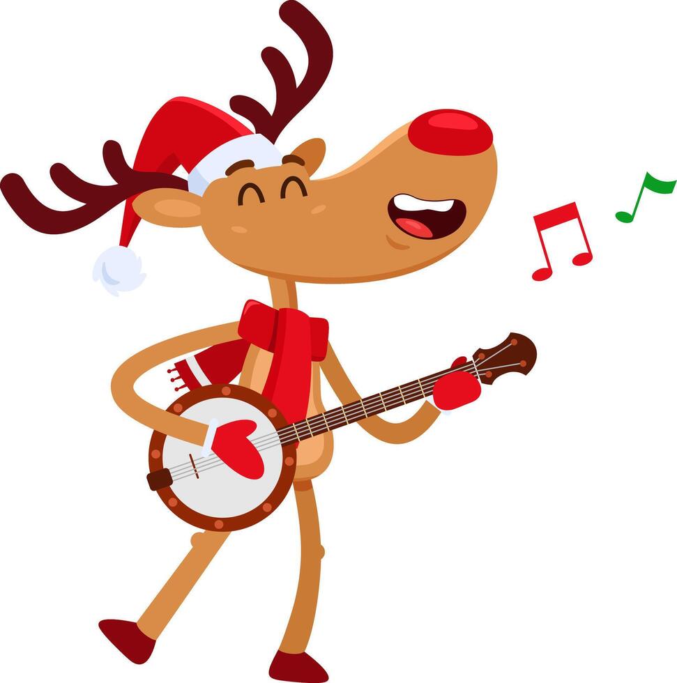 Cute Christmas Reindeer Cartoon Character Is Singing And Playing The Banjo vector