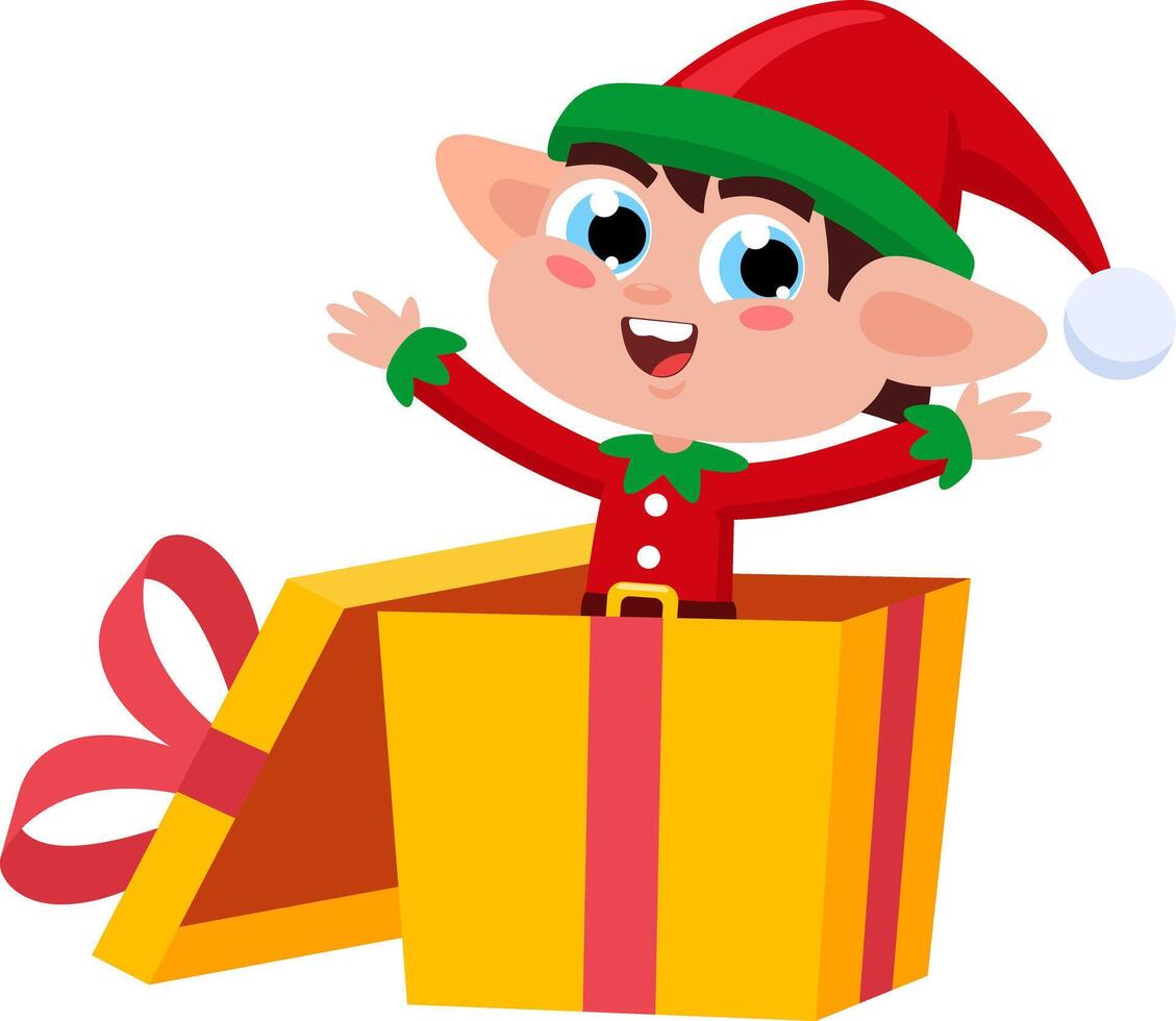 Happy Christmas Elf Cartoon Character Exit From Gift Box vector