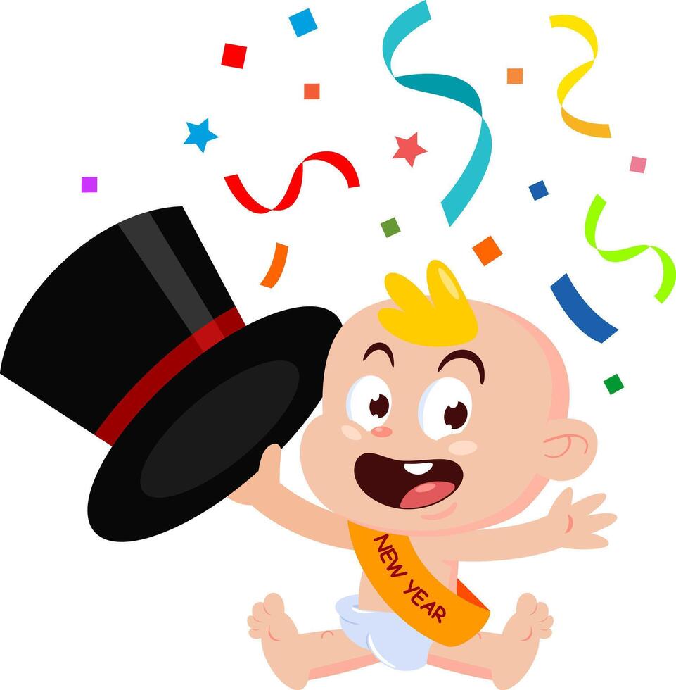 Cute New Year Baby Cartoon Character Waving With Top Hat vector