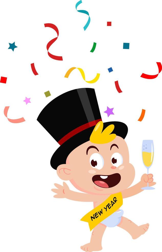 Cute New Year Baby Cartoon Character With A Glass of Champagne And Ribbon vector