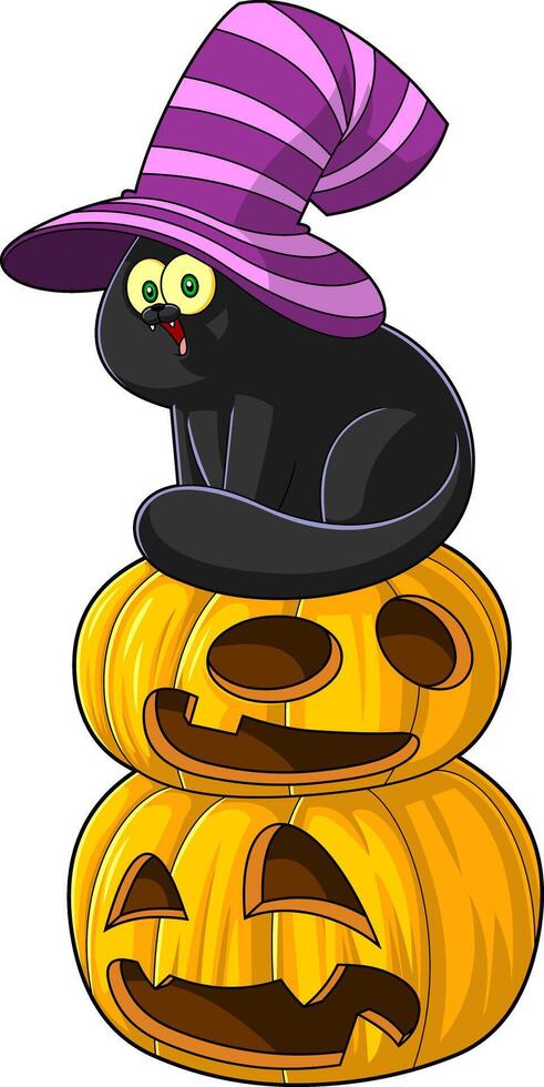 Cute Black Cat Cartoon Character Sitting On Halloween Pumpkins vector