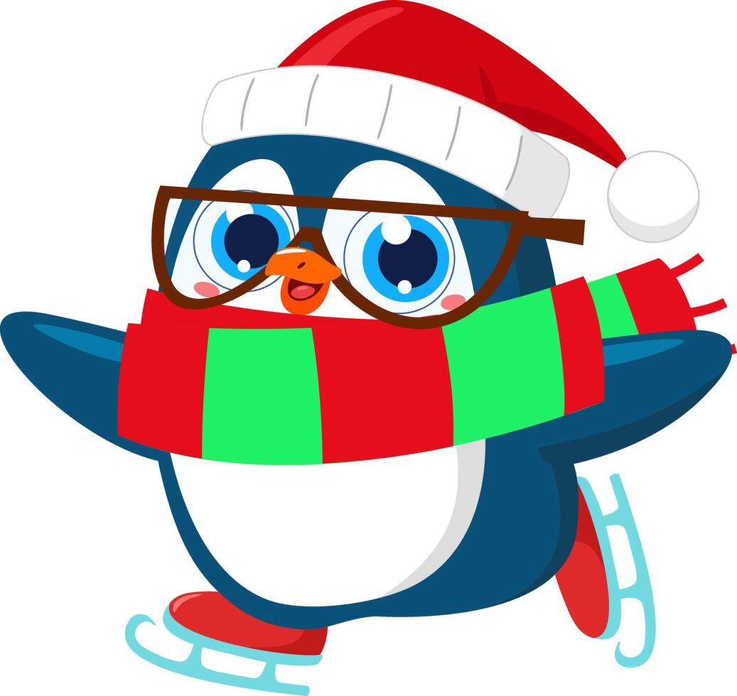 Cute Christmas Penguin Cartoon Character On Skates vector