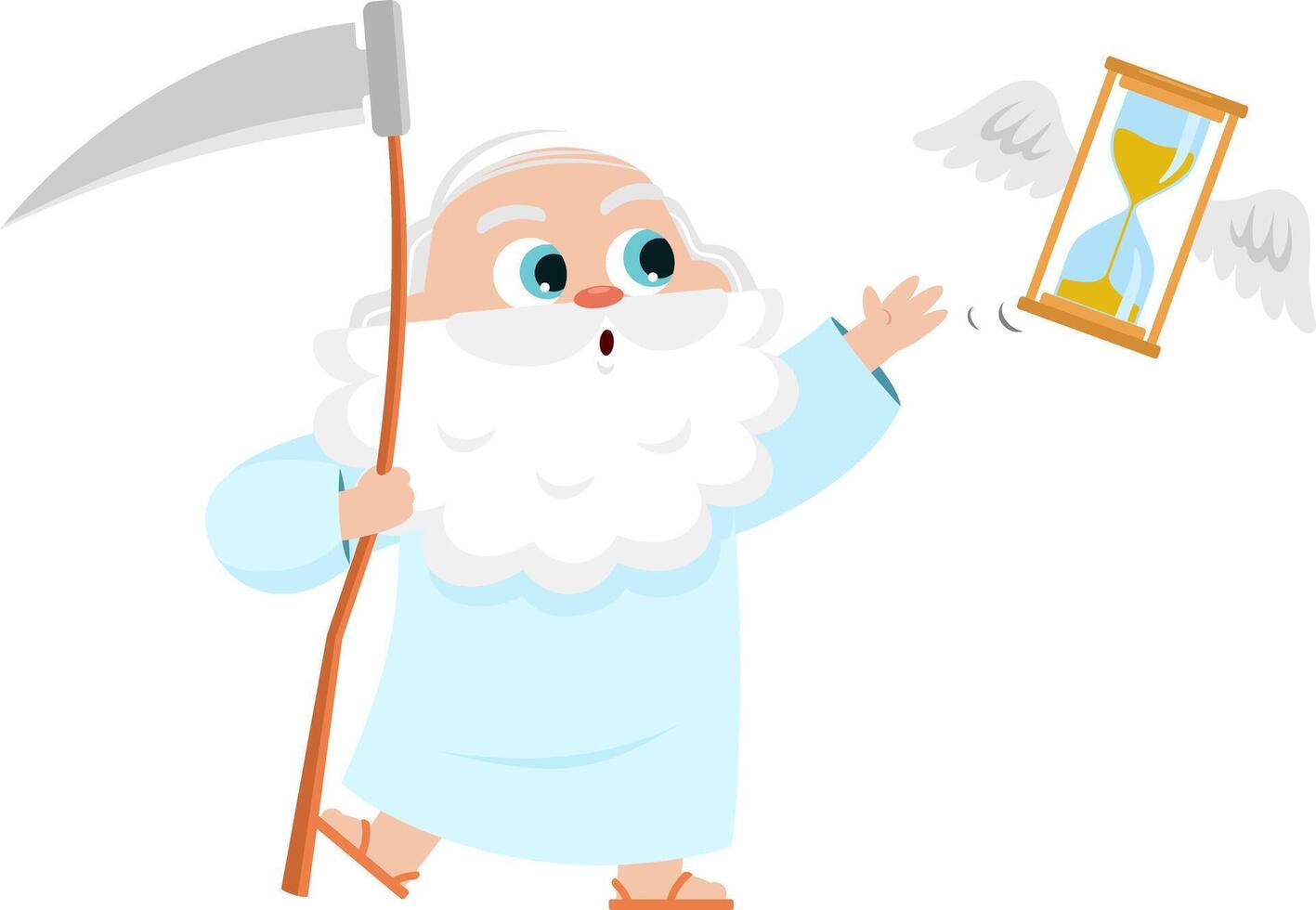 Father Time Man Cartoon Character With Scythe Try To Catch Flying Hourglass vector