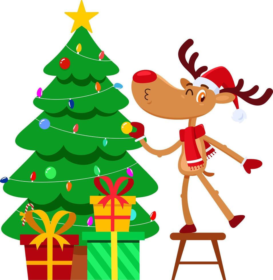 Holiday Reindeer Cartoon Character Decorate The Christmas Tree vector