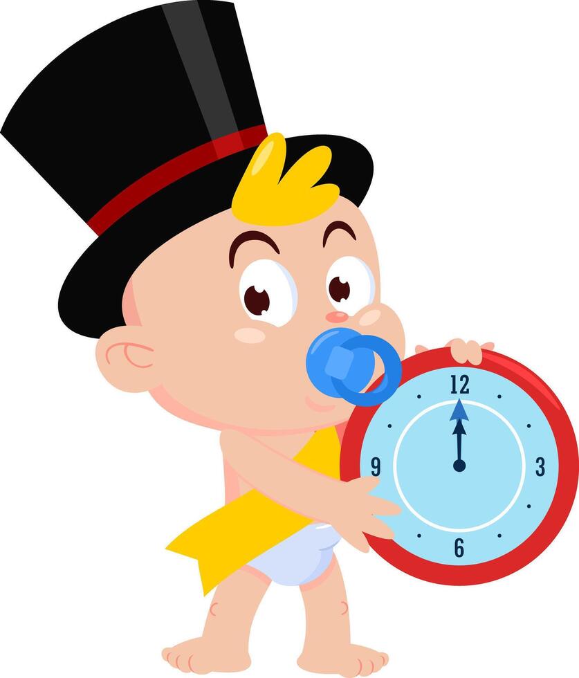 Cute New Year Baby Cartoon Character Holding A Clock vector