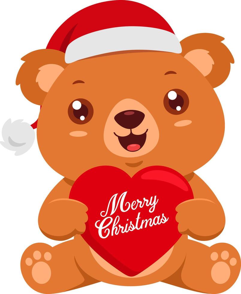 Cute Christmas Teddy Bear Cartoon Character Holding A Red Heart With Text vector