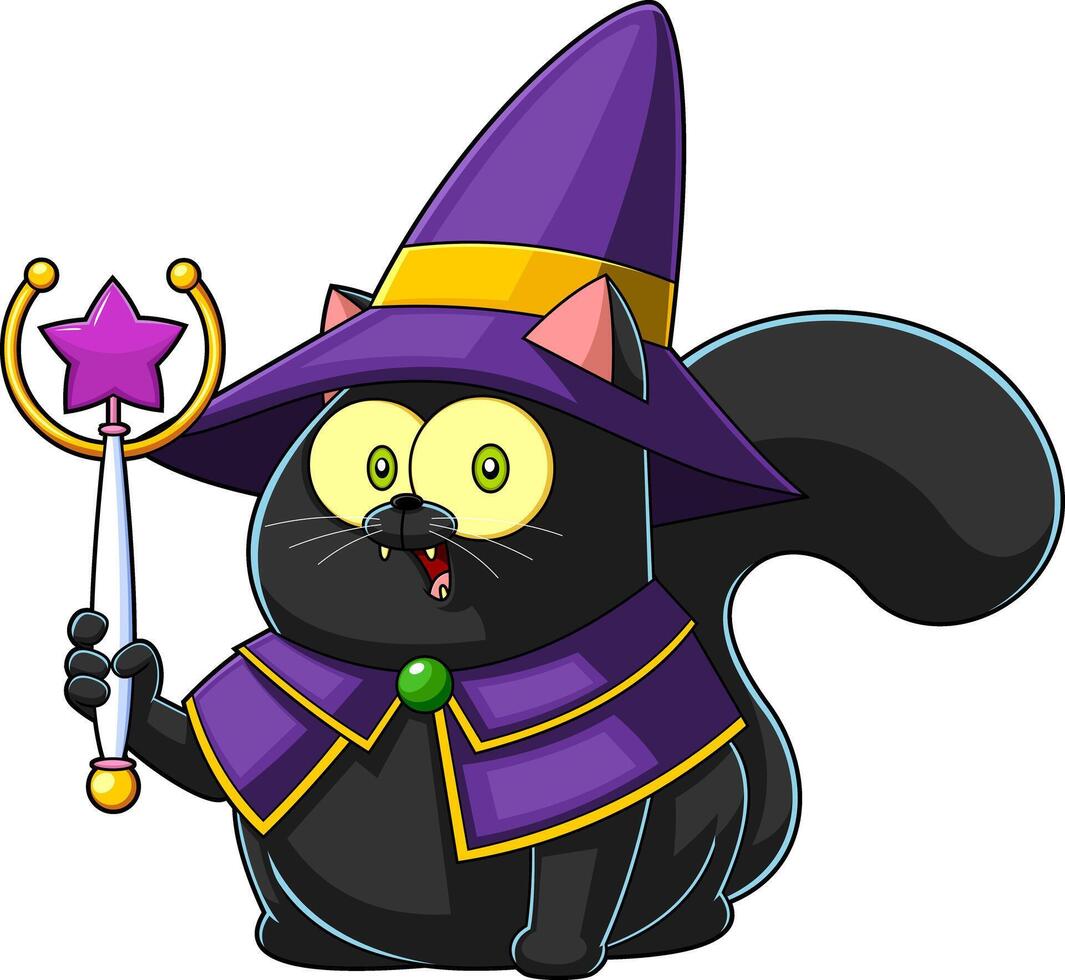 Halloween Witch Black Cat Cartoon Character Holding A Magic Wand vector