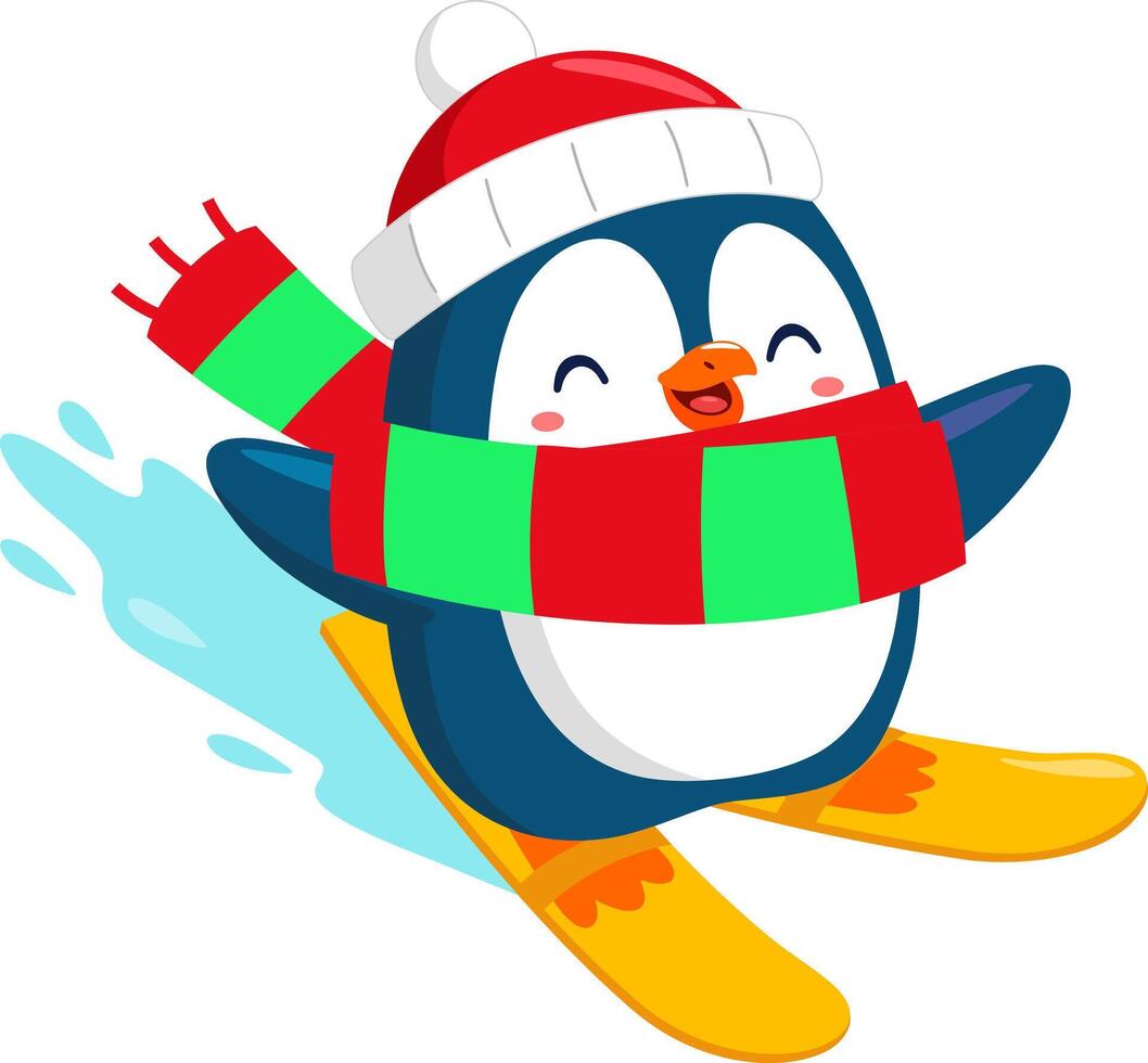 Cute Christmas Penguin Cartoon Character Riding On Skis On Snow vector