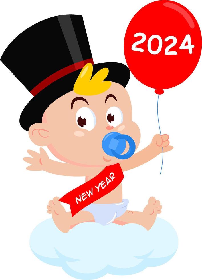 Cute New Year Baby Cartoon Character With A Balloon Setting In Cloud vector