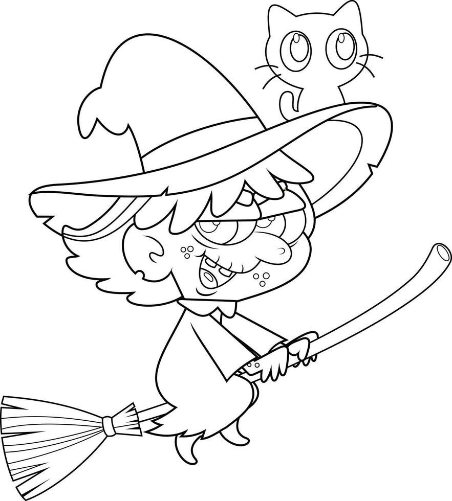 Outlined Ugly Halloween Witch Cartoon Character Flying On A Broom Stick And The Black Cat In The Hat vector